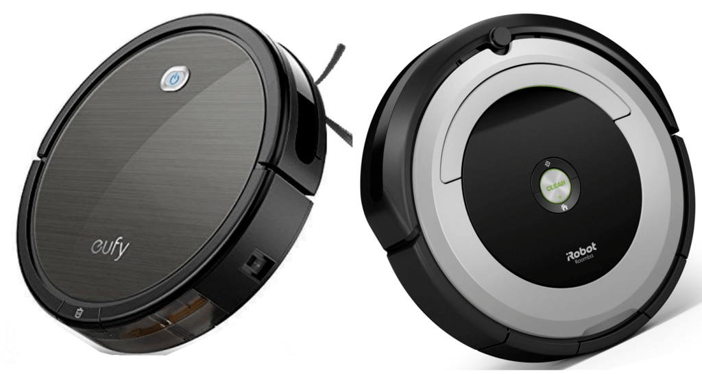 A Side by side comparison shot of the eufy 11+ on the left vs the Roomba on the right