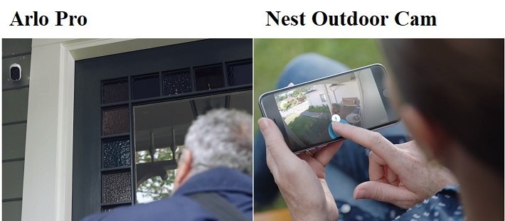 Images of Nest Outdoor Camera and Arlo Pro's two-way communication.