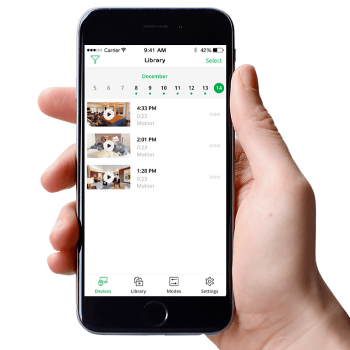 Smartphone showing Arlo's cloud library through the mobile app.