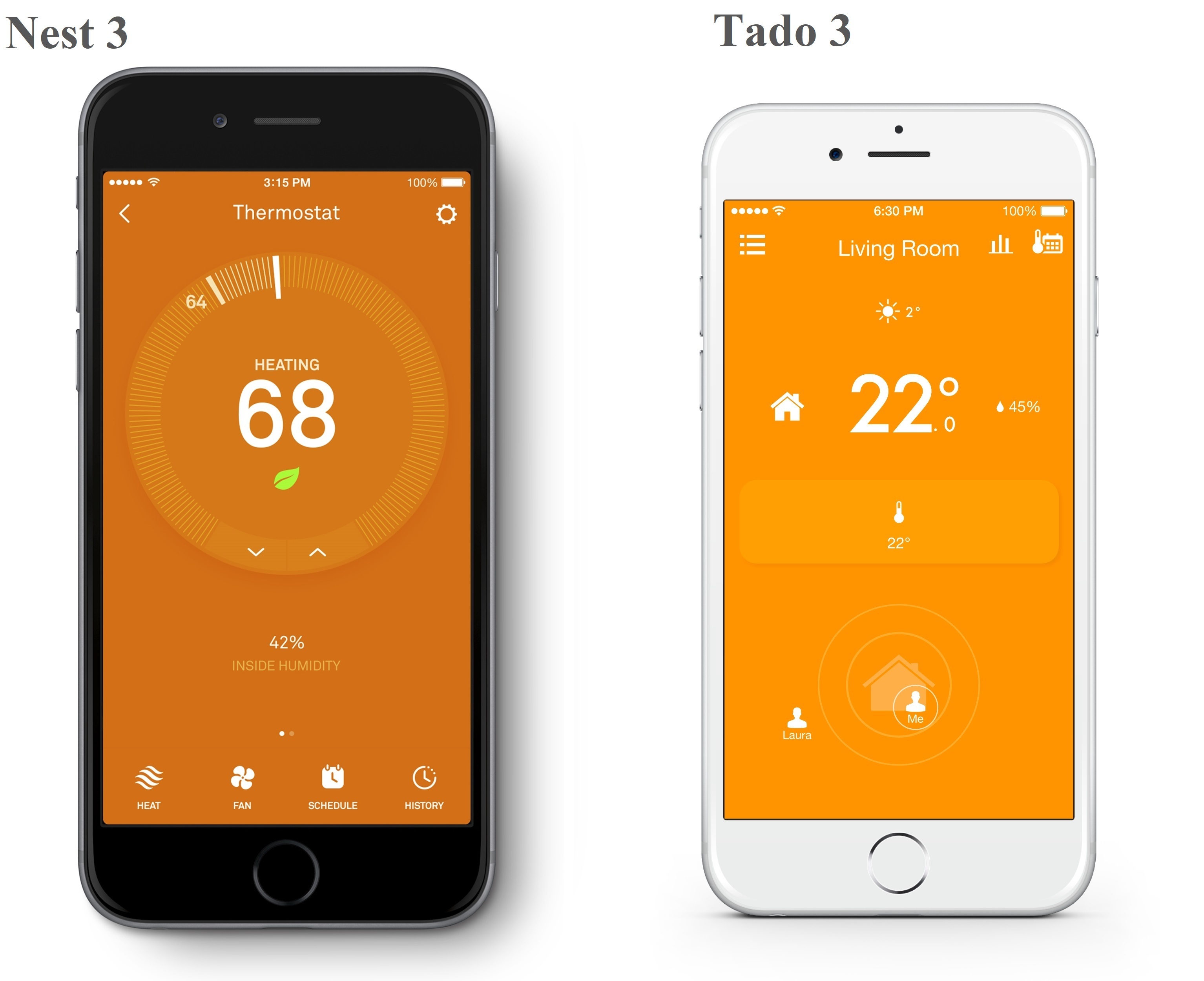 App UIs of Nest (left) and Tado's (right) thermostats.
