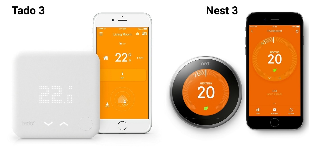 A side by side comparison of Tado 3 and Nest 3's thermostats along with their respective mobile application UI.