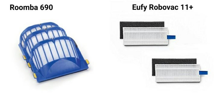 Roomba 690's aerovac filter shown on the left and Eufy Robivac's HEPA filter shown on the right.