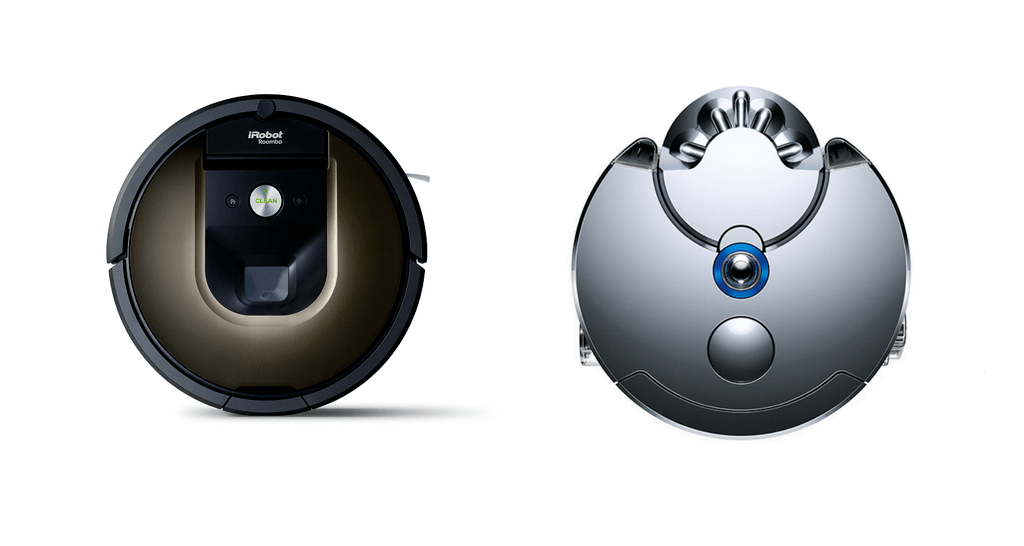 An Isometric view of both robotic vacuums, Roomba 980 and Dyson 360 Eye.