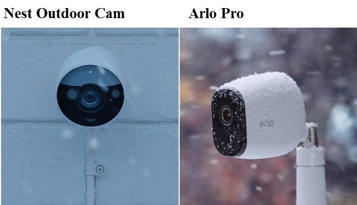 Images of Nest Outdoor Cam and Arlo Pro during a snowfall.