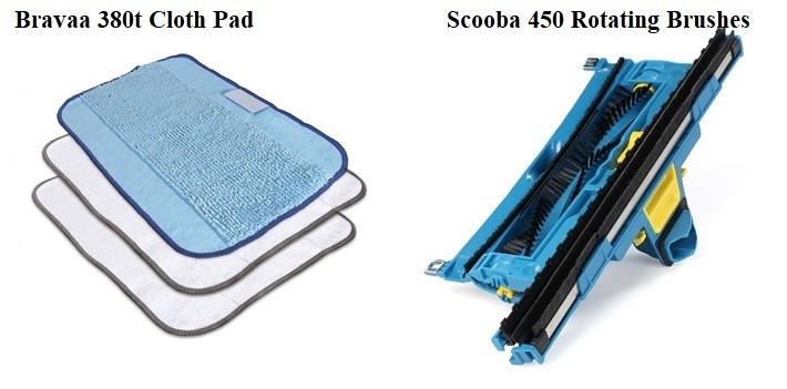 A side-by-side comparison of Scooba and Bravaa's cloth pad and rotating brushes.
