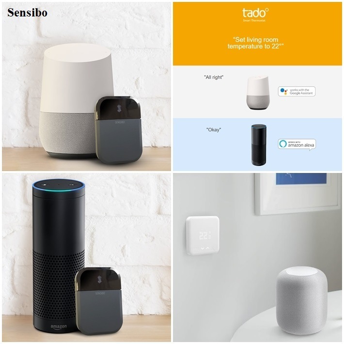A compilation of Sensibo with Google home (top left), Sensibo with Amazon Alexa (bottom left), Tado with Google Home and Amazon Alexa (top right), and Tado with Apple's Homepod (bottom right).