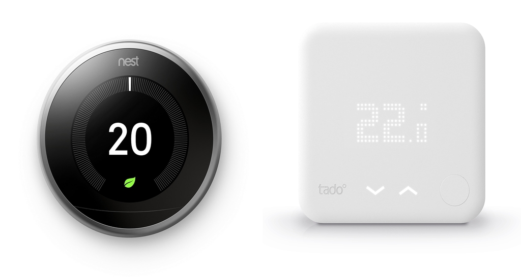 A side by side comparison of Tado 3 thermostat (left) and Nest 3 thermostat (right).
