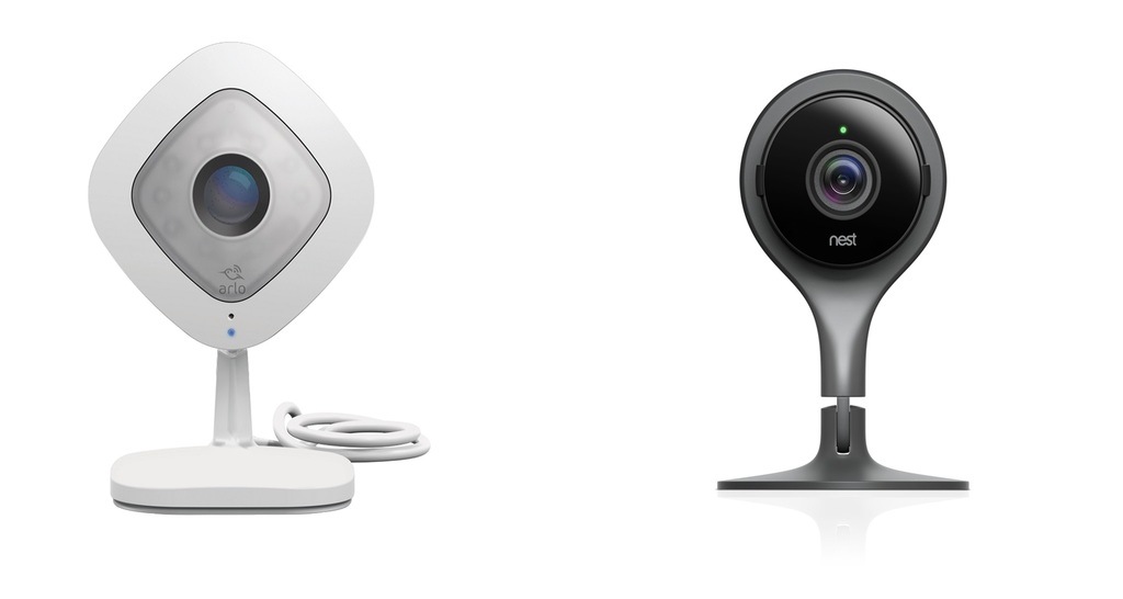 Arlo Q on the left standing next to Nest Cam Indoor on the right