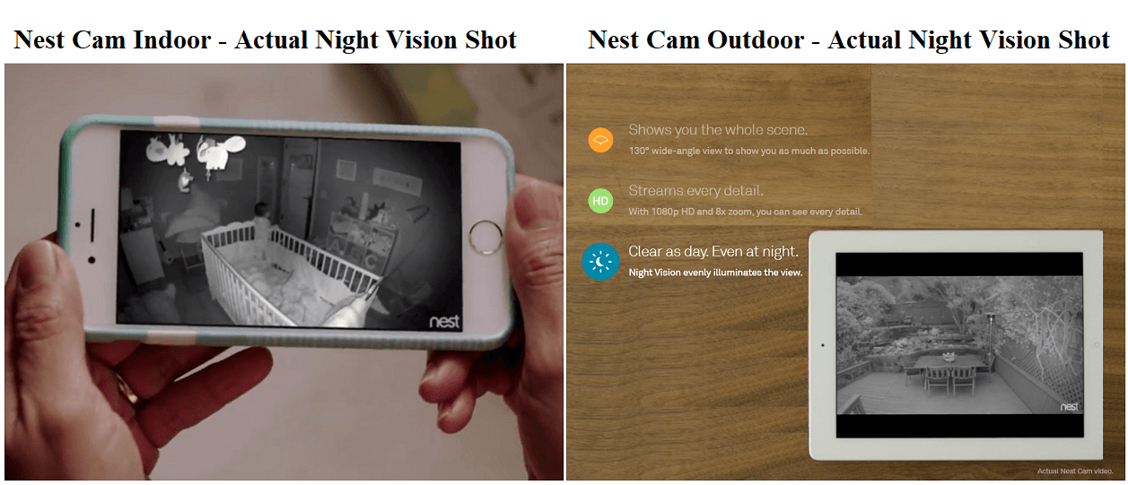 Actual screenshots from both Nest's Indoor and Outdoor cams on smartphones.