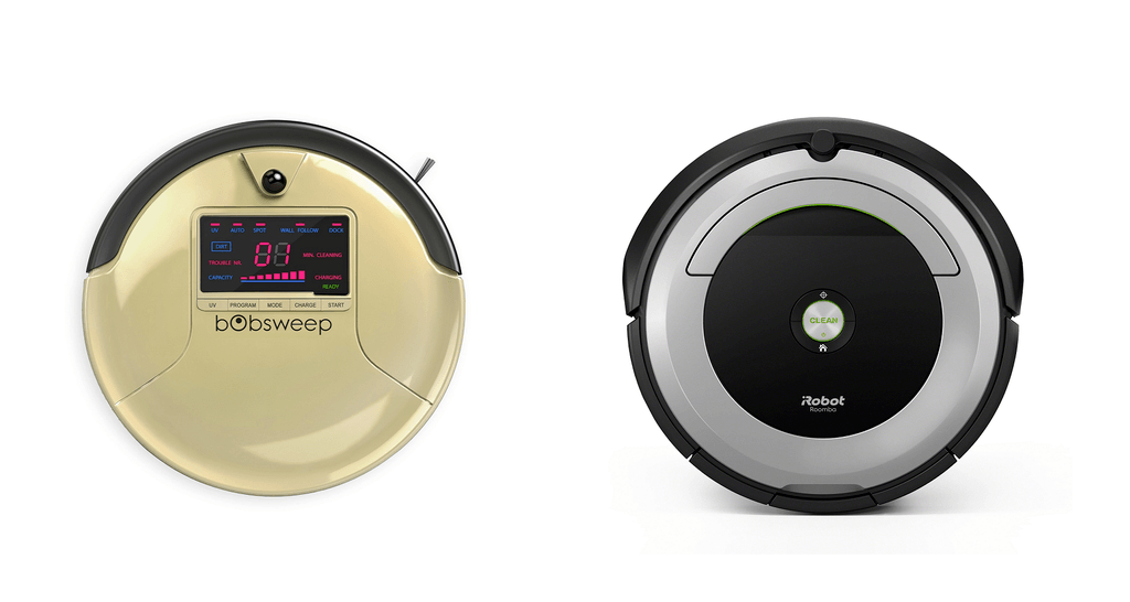 Side by side image of bObsweep PetHair (left) and Roomba 690 (right).
