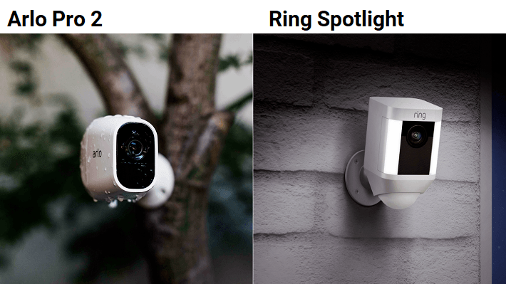 A side-by-side comparison of Arlo Pro 2 and Ring Spotlight in outdoor settings.
