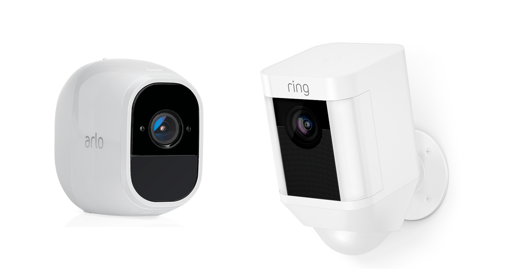 A side by side comparison of Arlo Pro 2 (left) and Ring Spotlight (right).
