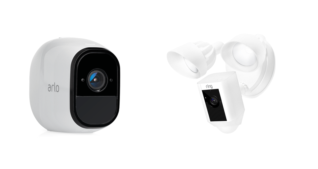 A side-by-side comparison of Arlo Pro and Ring Floodlight cameras.