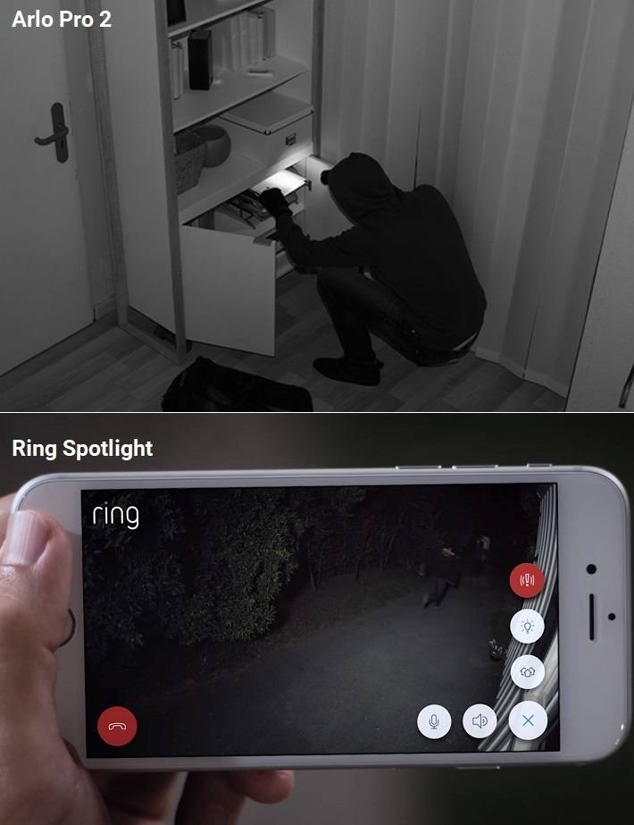 Night vision footage from Arlo Pro 2 (top) and Ring Spotlight (bottom).