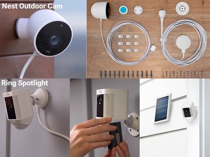 A comparison of power options for the Nest Outdoor Cam (wired) and Ring Spotlight (wired, battery, solar panel) 