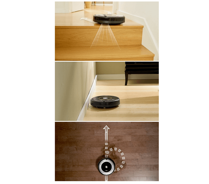 Photos showing Roomba's drop, bump, and dirt-detect sensors, respectively.