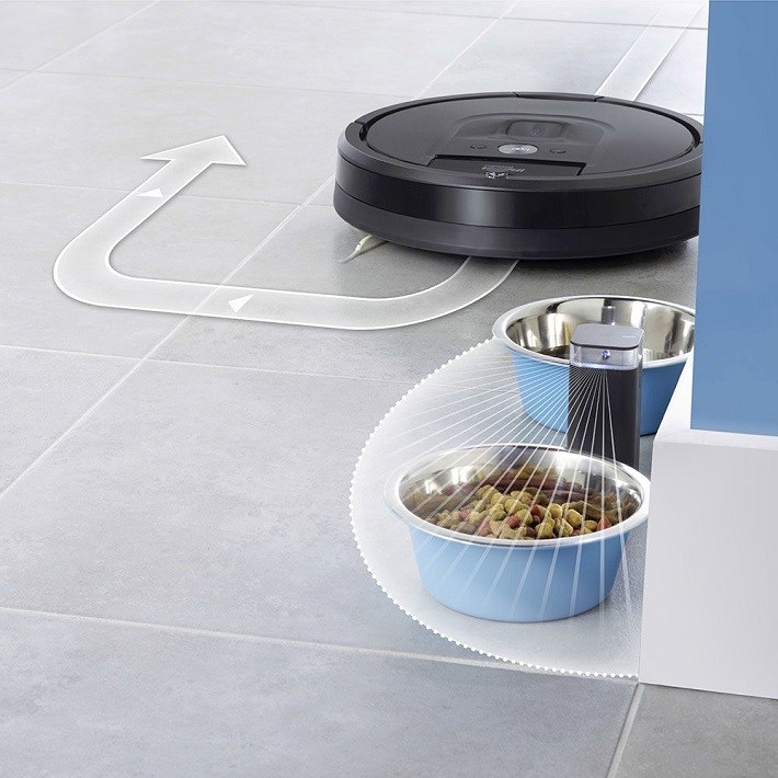 The Virtual Wall Barrier prevents the Roomba from hitting pet bowls. 
