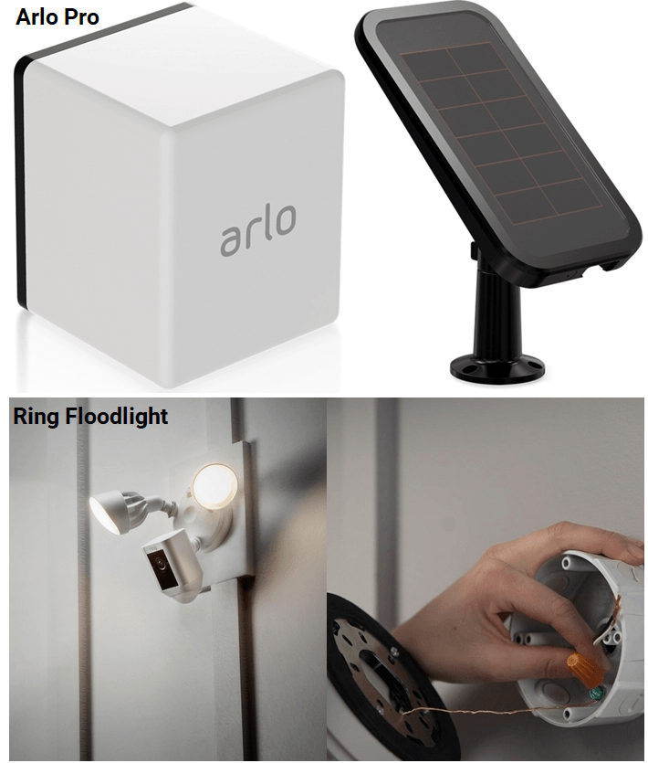 Arlo Pro's power options include battery and solar. Ring Floodlight's power option is wired only.