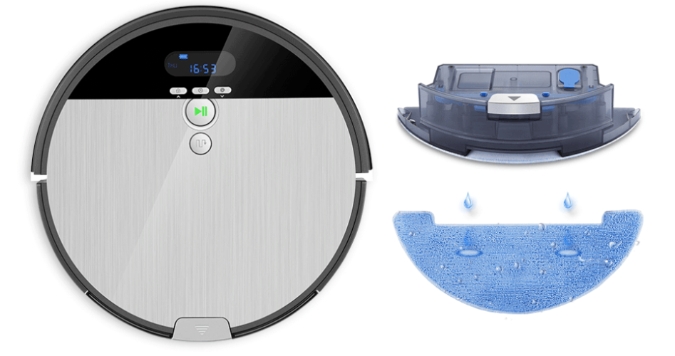 ilife v8s vacuum along with its mopping cloth and water bin, illustrating the i-drop technology.