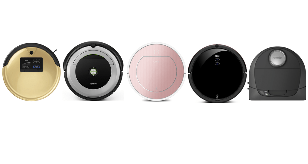 A side-by-side comparison of BobSweep PetHair Plus, Roomba 690, ILIFE V7S Pro, Deik 3-in-1 and D5 Connected