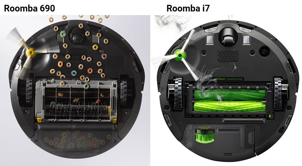 Comparison of roller styles: bristle brush for the 690 and brushless rollers for the i7.