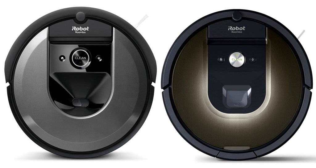 A side-by-side comparison of Roomba i7 (left) and Roomba 980 (right).
