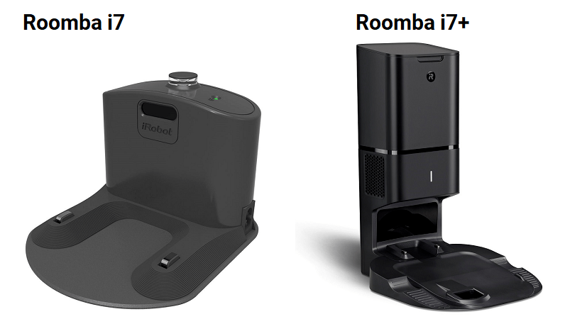 A side-by-side comparison of Roomba i7 and i7+'s charging bases.
