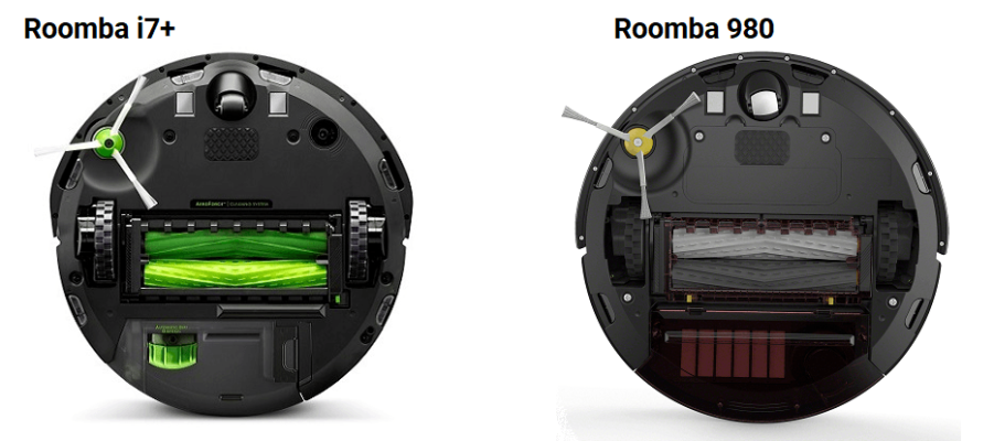 The undersides of the Roomba i7+ and Roomba 980, showcasing their brushless rollers.