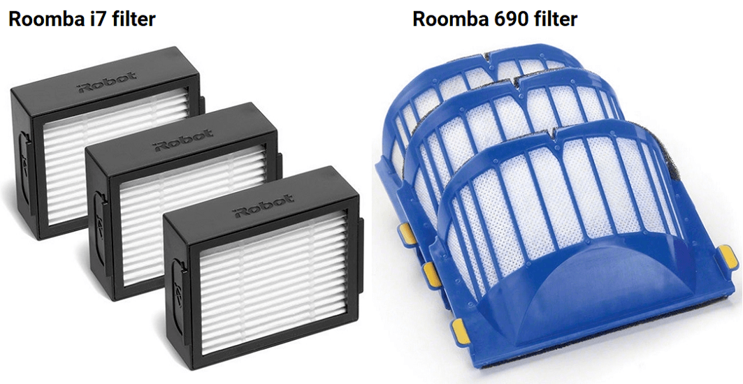A side-by-side comparison of the filters for Roomba i7 and Roomba 690.