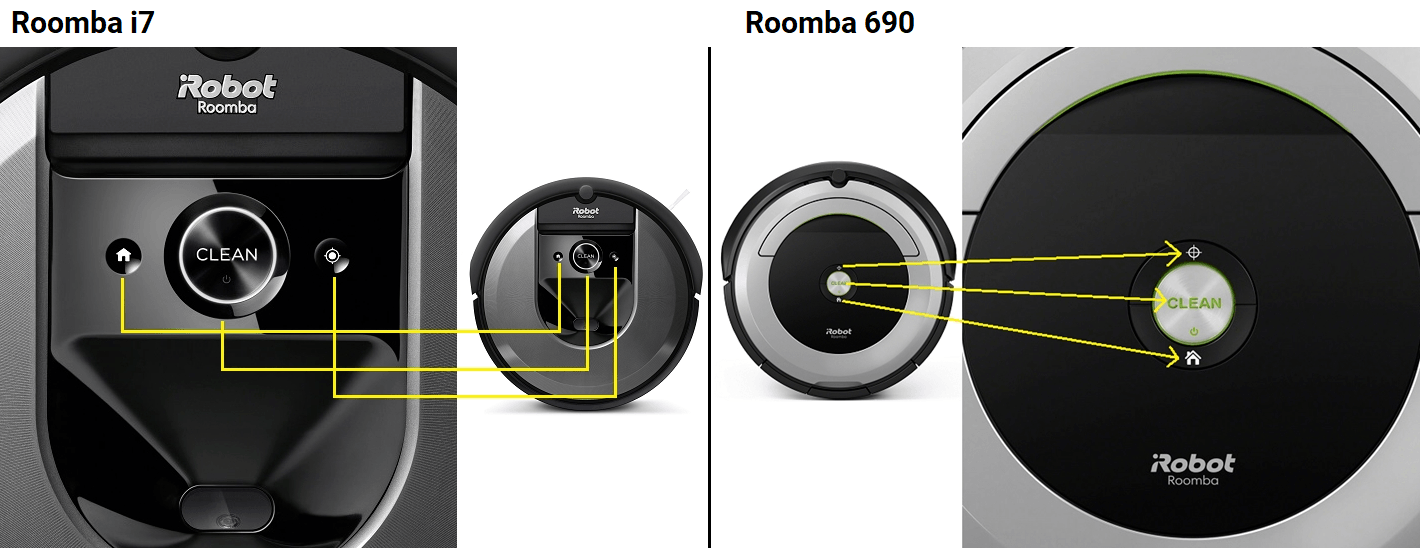 A side-by-side comparison of Roomba i7 and 690's onboard controls.