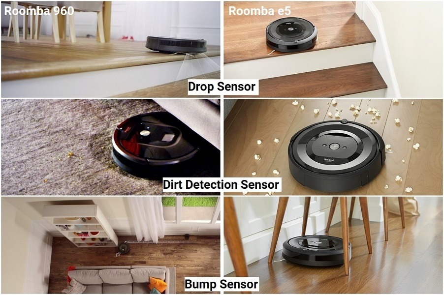 A multitude of sensors on the Roomba 960 and e5 help these robots navigate safely.