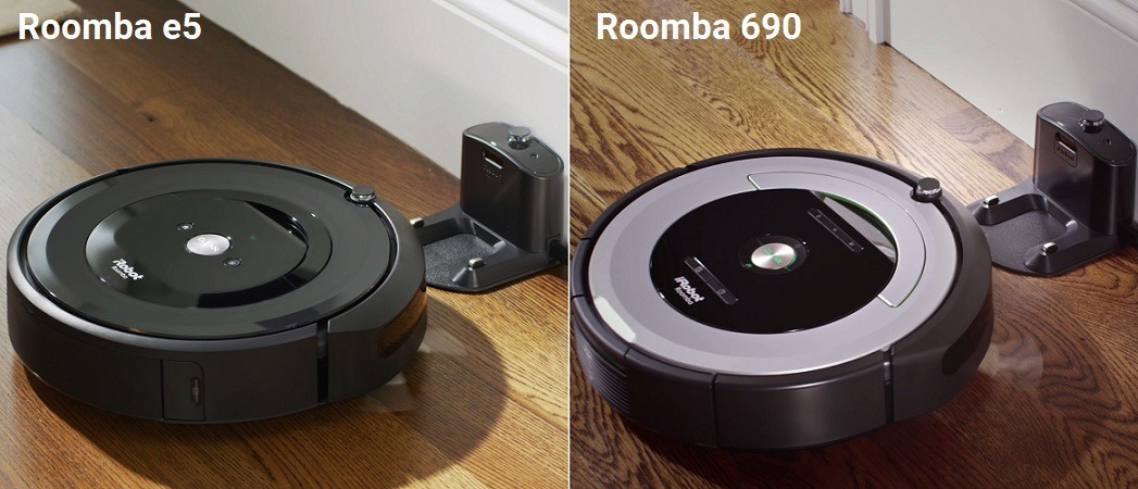The Roomba e5 and Roomba 690 both head home to their charging bases.