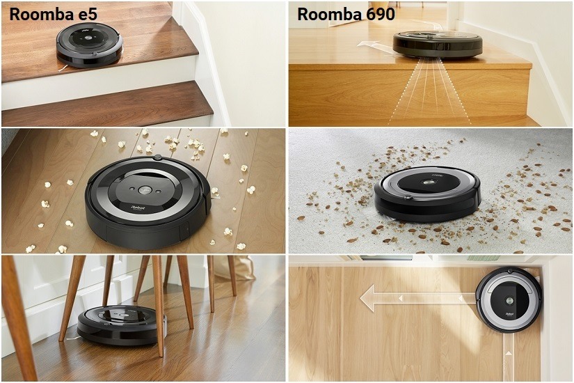 A side-by-side comparison of Roomba e5 and 690's drop, dirt-detect, and bump sensors.