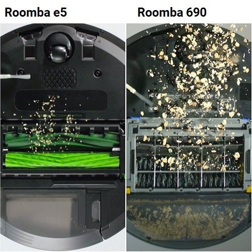 A side-by-side comparison of Roomba e5's brushless extractors and Roomba 690's dual rotating brushes.