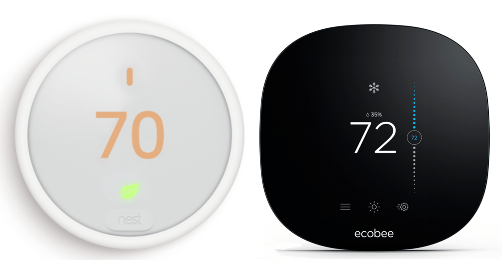 Nest Thermostat E next to Ecobee 3 Lite.
