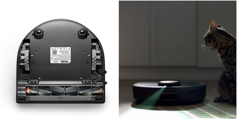 Left: Underside of the Neato Botvac D5 Connected. Right: laser-guided navigation with cat next to vacuum.