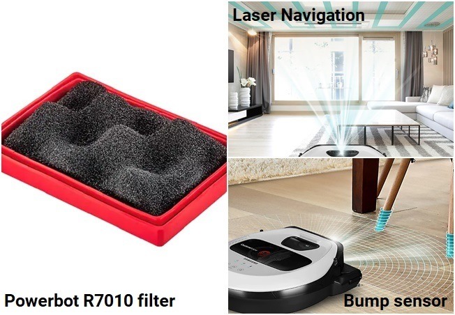 R7010's features: laser-guided navigation, bump sensor, and washable filter.