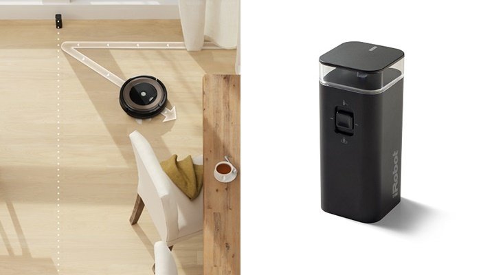 A Roomba navigates away from the virtual wall barrier (left). Roomba's virtual wall barrier itself (right).