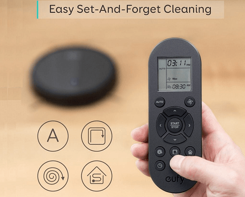 The remote control of the Eufy 11s changes between different cleaning modes.