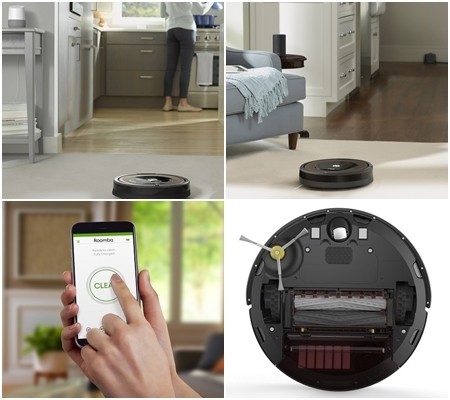 Roomba roams around the house, on carpet, hardwood, and area rugs.