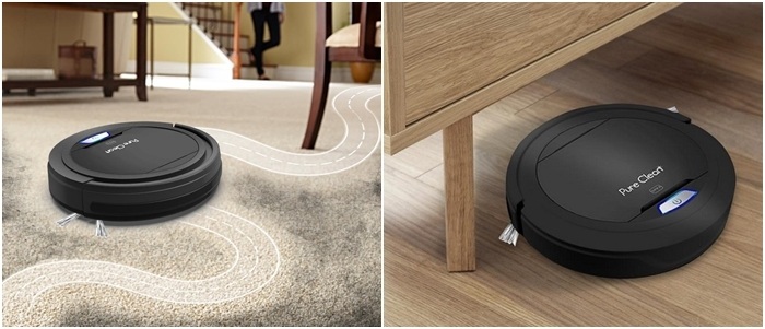 Pureclean vacuum detecting an obstacle on the left. The robot navigating under furniture on the right.
