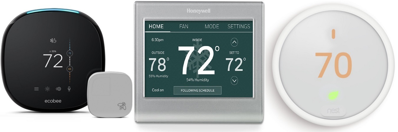 Side by side comparison of the Ecobee 4, Honeywell 9585, and Nest E.