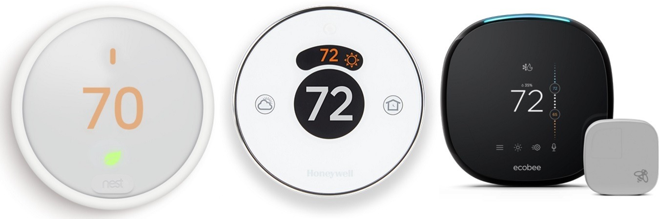 An isometric comparison of Nest E, Honeyweel Lyric and Ecobee4 thermostats.