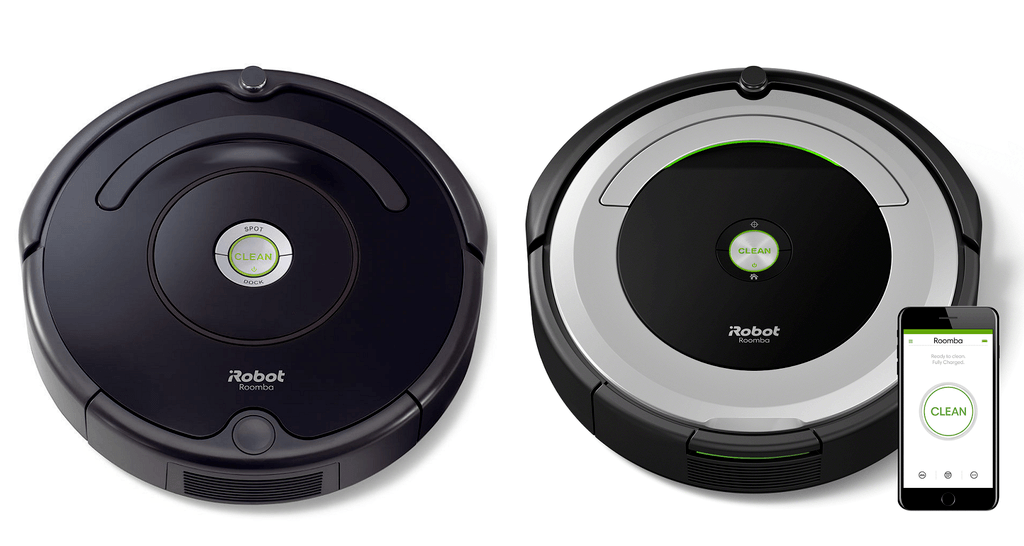 Roomba 614 in matte black (left) and Roomba 690 in metallic grey (right).