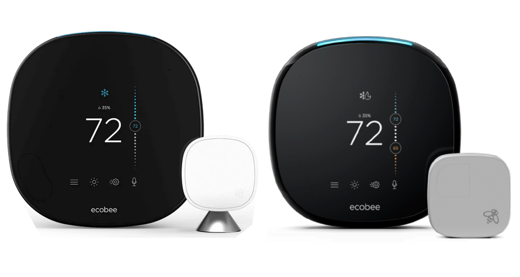 A side-by-side comparison of Ecobee Smart Thermostat vs Ecobee 4 along with their respective sensors.