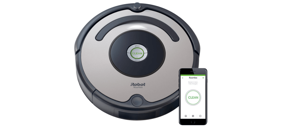 Roomba 677 shown next to its smartphone app